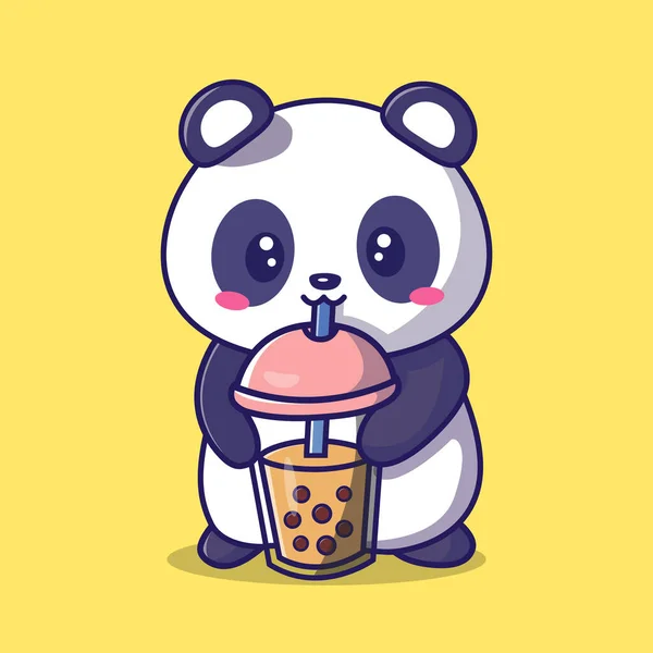 Cute Panda Drinking Boba Tea Milk Cartoon Vector Icon Animal — Stockvektor