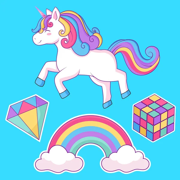 Cute Magic Unicorn Rainbow Vector Design Isolated Blue Background Hand — 스톡 벡터