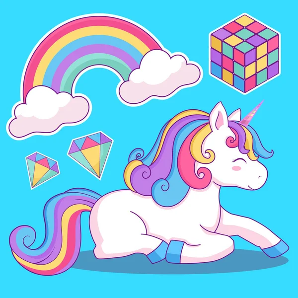 Tatlı sihirli tek boynuzlu at ve gökkuşağı. Mavi arkaplanda vektör tasarımı izole edildi. Çocuklar için el çizimi romantik illüstrasyon