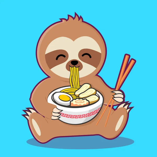 Tembel hayvan erişte yiyor ya da elinde ramen çiziyor. karalama