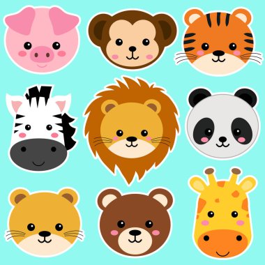 Aslan, kaplan, domuz, ayı, dişi aslan, panda, maymun, zebra ve zürafa da dahil olmak üzere sevimli vahşi hayvan kafaları. Safari orman hayvanları vektörü. Orman hayvanı çizimi