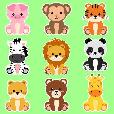 Aslan, kaplan, domuz, ayı, dişi aslan, panda, maymun, zebra ve zürafa da dahil olmak üzere sevimli vahşi hayvanlar seti. Safari orman hayvanları vektörü. Orman hayvanı çizimi