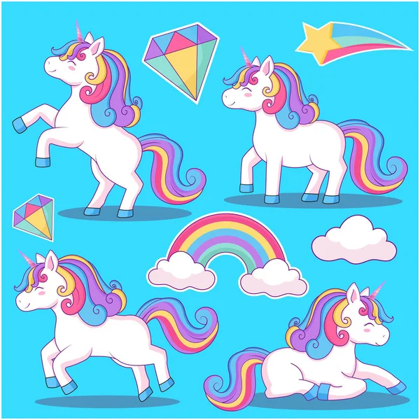 Güzel tek boynuzlu at el çizimi çizgi film. Kartlar, posterler, tişörtler, davetiyeler, bebek partileri, doğum günleri ve oda dekorasyonları için tasarım vektörü çizimleri.