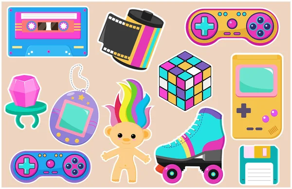 90 'ların tarzında renkli çıkartma koleksiyonu. 80 'lerden ve 90' lardan kalma eşyalar. Tasarımınız için geçmişe dönük rozetler ve yamalar. Vektör illüstrasyonu.