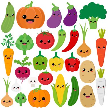 Funny cartoon set of different vegetables. Kawaii vegetables. Smiling pumpkin, carrot, eggplant, bell pepper, tomato, fennel, onion, garlic, cucumber, potato