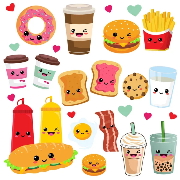 Sevimli ve komik kawaii yemek ve içki sanatı El çizimi Kawaii kahvaltı seti. Yüzü olan çeşitli lezzetli yiyecekler. Tatlı Anime Çizgi Filmi 'nin Vektör seti. 