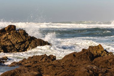 Kahverengi kayalara çarpan dalgalar ve yüksek uçuşlu spreyler Atlantik Okyanusu kıyılarında mavi su ve beyaz köpükle, Portekiz manzarası