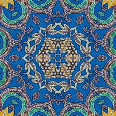 Endonezya 'nın mavi, batik desenli soyut simetrik deseni, ayna efektli görüntü, soyut desenli Kaleydoskop.