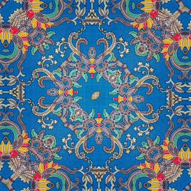 Endonezya 'nın mavi, batik desenli soyut simetrik deseni, ayna efektli görüntü, soyut desenli Kaleydoskop.