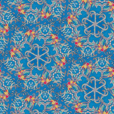 Endonezya 'nın mavi, batik desenli soyut simetrik deseni, ayna efektli görüntü, soyut desenli Kaleydoskop.