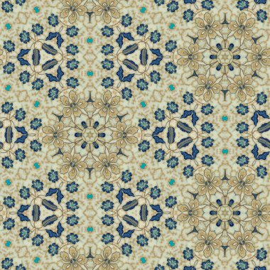 Bej renkli Endonezya batiğinin soyut simetrik deseni, çiçekli batik deseni. Ayna efektli görüntü, Kaleydoskop soyut desen.