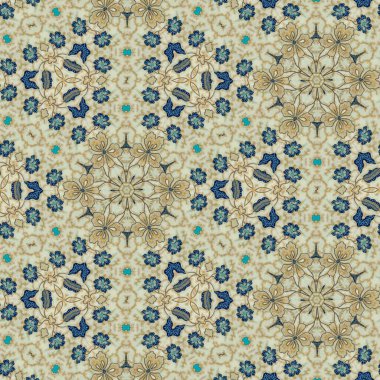Bej renkli Endonezya batiğinin soyut simetrik deseni, çiçekli batik deseni. Ayna efektli görüntü, Kaleydoskop soyut desen.