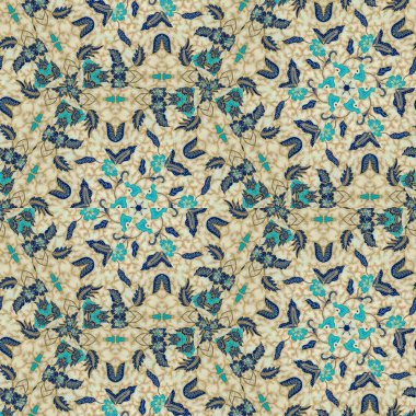 Bej renkli Endonezya batiğinin soyut simetrik deseni, çiçekli batik deseni. Ayna efektli görüntü, Kaleydoskop soyut desen.