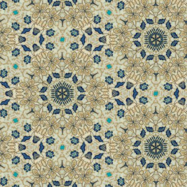 Bej renkli Endonezya batiğinin soyut simetrik deseni, çiçekli batik deseni. Ayna efektli görüntü, Kaleydoskop soyut desen.