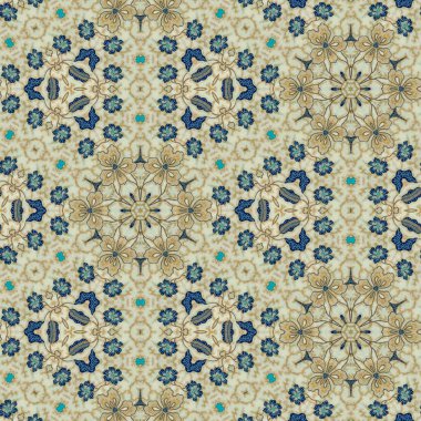 Bej renkli Endonezya batiğinin soyut simetrik deseni, çiçekli batik deseni. Ayna efektli görüntü, Kaleydoskop soyut desen.