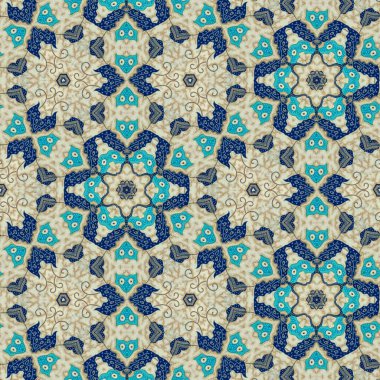 Bej renkli Endonezya batiğinin soyut simetrik deseni, çiçekli batik deseni. Ayna efektli görüntü, Kaleydoskop soyut desen.