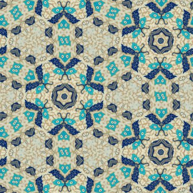 Bej renkli Endonezya batiğinin soyut simetrik deseni, çiçekli batik deseni. Ayna efektli görüntü, Kaleydoskop soyut desen.