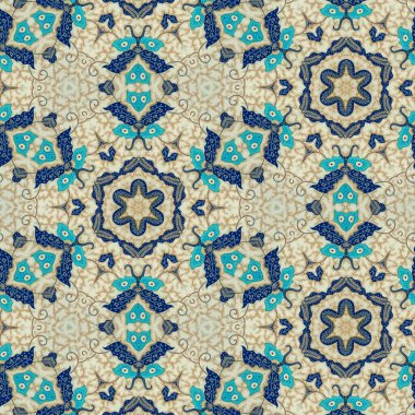 Bej renkli Endonezya batiğinin soyut simetrik deseni, çiçekli batik deseni. Ayna efektli görüntü, Kaleydoskop soyut desen.