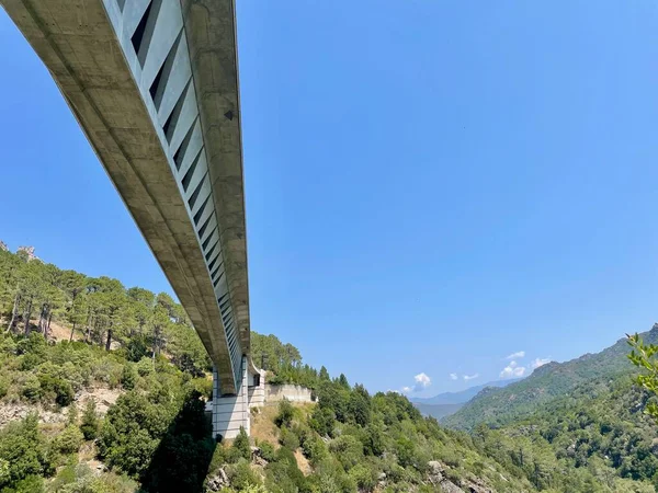 Modern bridge over Vecchio in Vivario, Corsica, France. Low angle view. — Fotografia de Stock