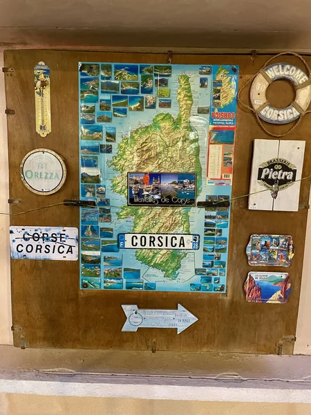 Bonifacio, Corsica, 25.07.2021. Corsica map and magnets at souvenir shop. — стоковое фото