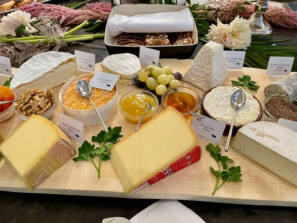 Cheese board with different fine cheeses, honey, jam, nuts, grapes, dried fruits, crackers and fruit cake at beautifully decorated buffet. — Fotografia de Stock