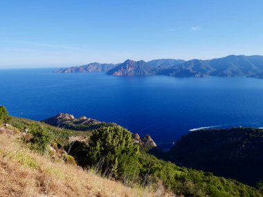 Porto Körfezi 'nin havadan görünüşü. Calanches de Piana, Korsika, Fransa.