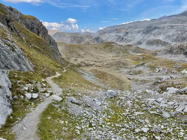 Hiking path in Lais da Rims, Grisons, Switzerland.