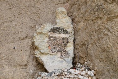 Map and flag of Corsica made of stone against beige plaster wall.