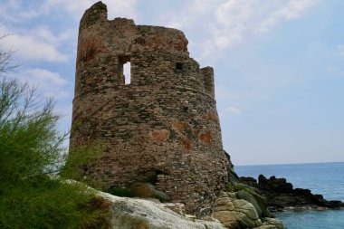 Scenic Genoese tower in Erbalunga, charming waterfront village in Cap Corse, Corsica, France.