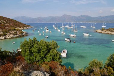 Luxury yachts in turquoise water at Fornali beach in Desert des Agriates. Corsica, France. clipart