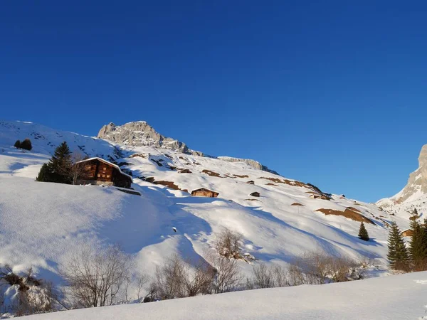 Wonderful Winter Landscape Traditional Wooden Mountain Huts Partnun Praettigau Graubuenden — Stock Photo, Image