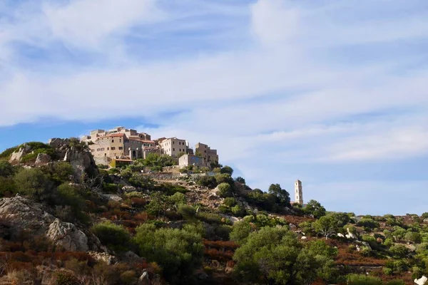 Panoramautsikt Över Sant Antonino Pittoresk Bergsby Balagne Korsika Frankrike Högkvalitativt — Stockfoto