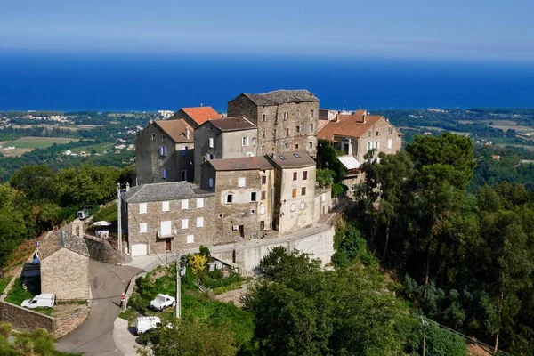Panoramatický Výhled Zasněnou Horskou Vesnici Santa Lucia Moriani Castagniccii Výhledem — Stock fotografie