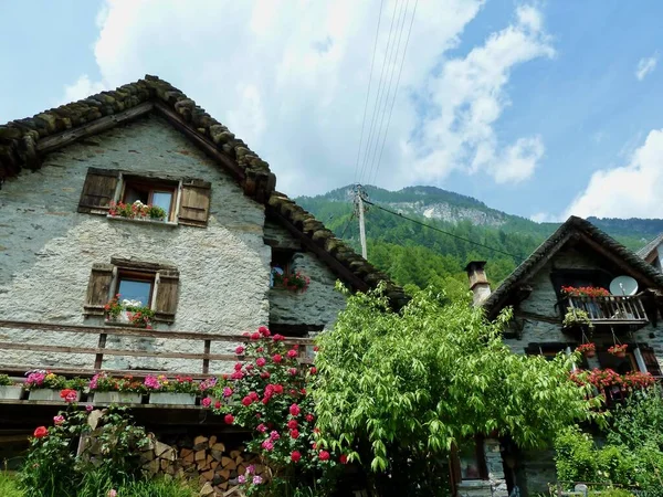 典型的な石造りの家 Rustitiとして知られているVerzasca渓谷の魅力的なラスピアッツォ ティチーノ スイス 高品質の写真 — ストック写真