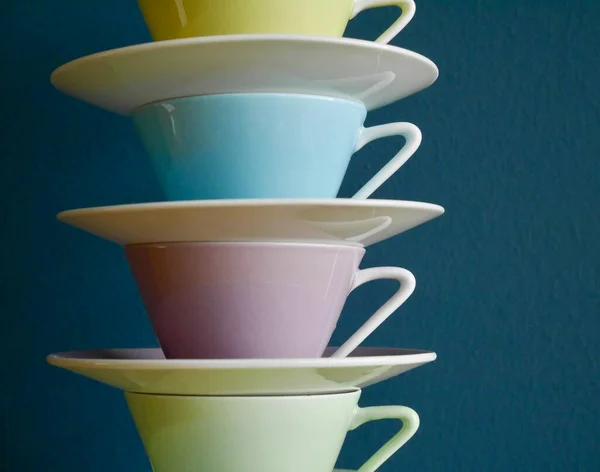 Close Stacked Pastel Vintage Coffee Cups Petrol Background High Quality — Stock Photo, Image