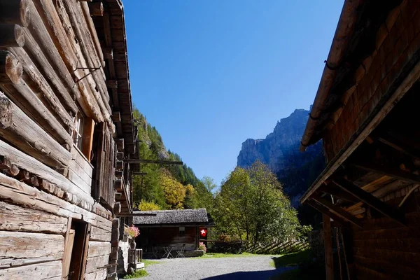 Typical Wooden Houses Sankt Martin Walser Settlement Calfeisental Graubuenden Switzerland — ストック写真