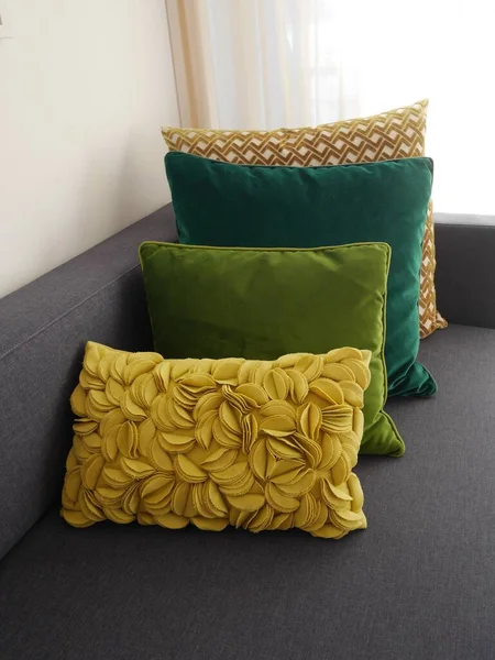 Selection Stylish Green Yellow Pillows Modern Grey Sofa Vertical High — стоковое фото