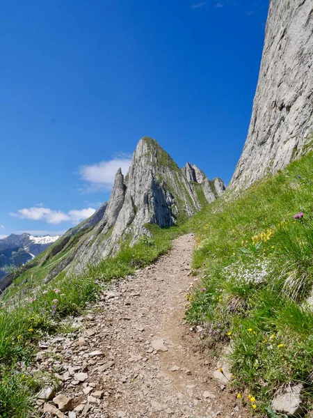 攀登路线蜿蜒穿过阿尔普斯坦地块的谢夫勒和阿尔卑斯山 阿彭策尔高质量的照片 — 图库照片