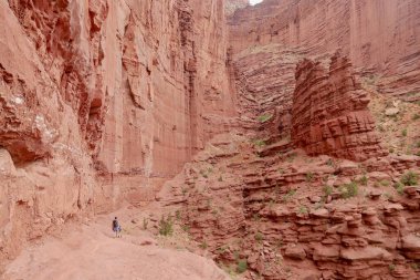 Baba oğul Fisher Kuleleri 'nde yürüyüş yapıyor. Yaz tatili gezisindeki aile. Moab, Utah, ABD.