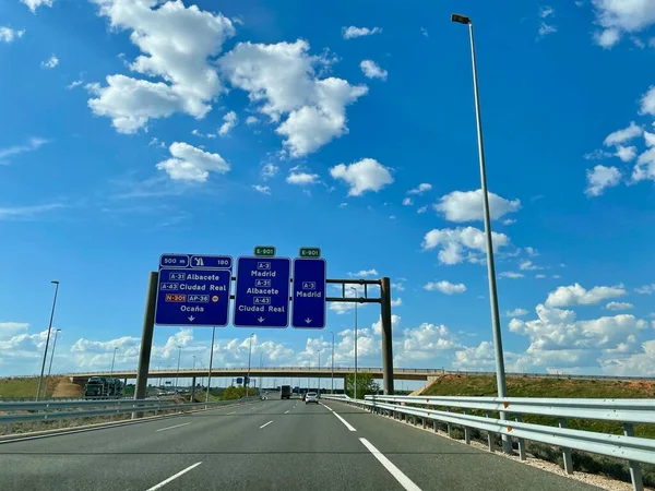 Spanish Highway Road Sign Indicating Way Madrid Albacete Ciudad Real — Stock Photo, Image