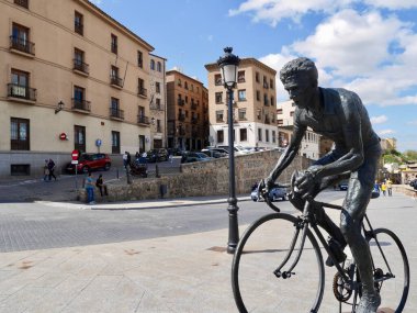 Toledo, Spain, 13.04.2022. Bronze sculpture of Federico Martin Bahamontes, celebrated cyclist and first Spanish Tour de France winner, by Javier Motina Gil. High quality photo