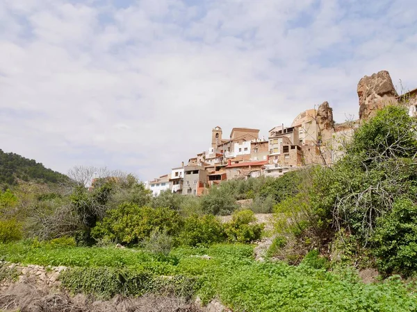 Mundo Nehri Vadisi 'ndeki teraslı bahçelerden Ayna' nın panoramik manzarası. Albacete, Kastilya La Mancha, İspanya. Yüksek kalite fotoğraf