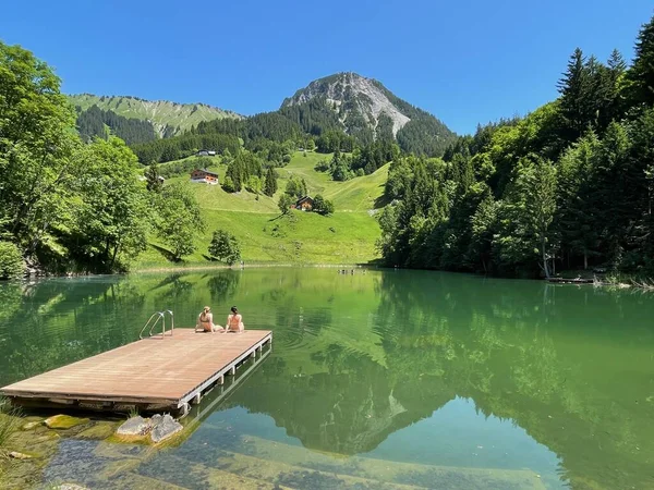 雄大な山の湖のパノラマビュー Seewaldsee Grosses Walsertal Vorarlberg Austria 高品質の写真 — ストック写真