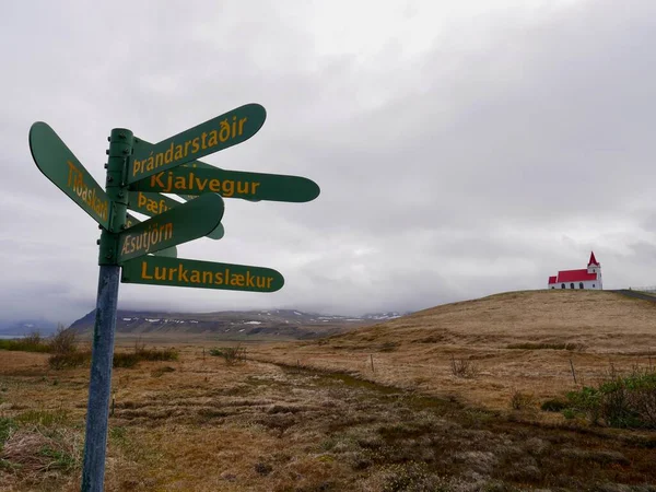 Signpost Ingjaldshoelskirkja Snaefellsnes Peninsula Iceland High Quality Photo — Stock Photo, Image