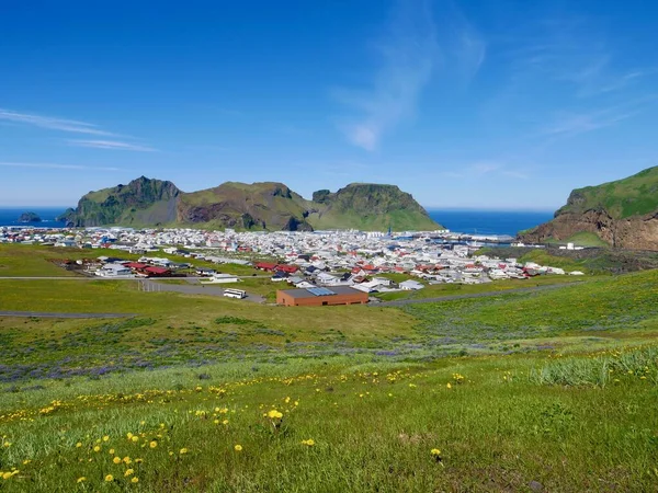 Panoramautsikt Över Heimaey Sett Utifrån Vulkanen Eldfell Högkvalitativt Foto — Stockfoto