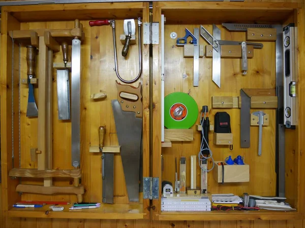 Wooden Tool Cabinet Filled Technician Equipment Home Workshop High Quality — Stock Photo, Image