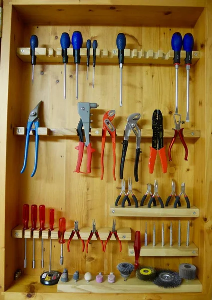 Wooden Tool Cabinet Filled Technician Equipment Home Workshop High Quality — Stock Photo, Image