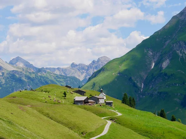 Panoramiczny Widok Starożytnej Wioski Walser Buerstegg Alpach Austriackich Lech Arlberg — Zdjęcie stockowe