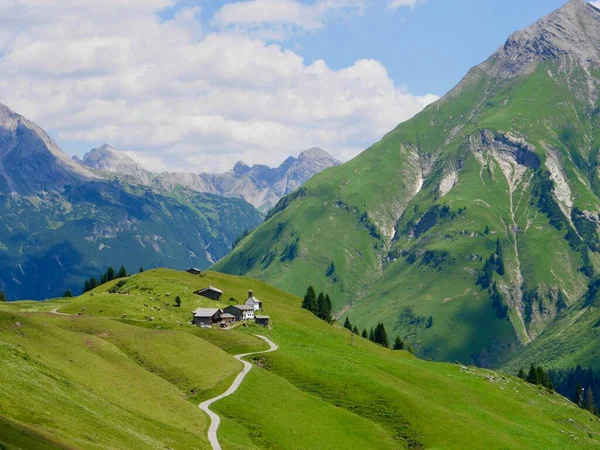 Panoramiczny Widok Starożytnej Wioski Walser Buerstegg Alpach Austriackich Lech Arlberg — Zdjęcie stockowe