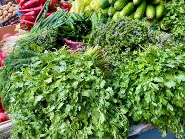 Yerel çiftçi pazarında taze bitkiler satılıyor. Yüksek kalite fotoğraf